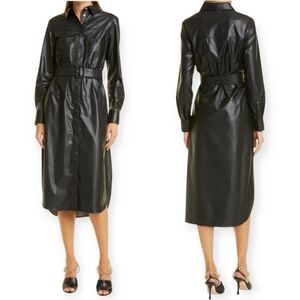 Ted Baker Black Long Faux Leather Button Up Shirt Dress Jacket Long Sleeve Sz 6